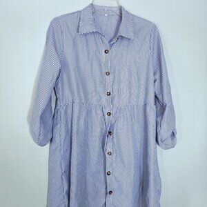 NWOT Blue & White Stripe Button Down Long Blouse with Roll Tab Sleeves Size M